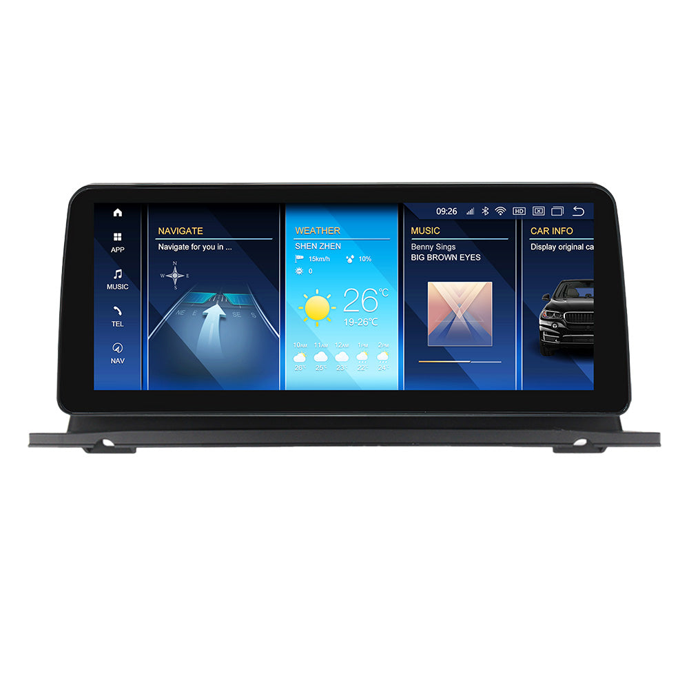Movyro BMW 5 Series GT 2009-2017 F07 Android 15 car stereo with CarPlay, Android Auto, CIC NBT system in a vehicle dashboard