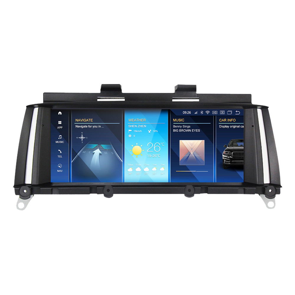 Movyro BMW X3 X4 2010-2018 car stereo with Android Auto and CarPlay, featuring a touchscreen interface and CIC NBT EVO system.