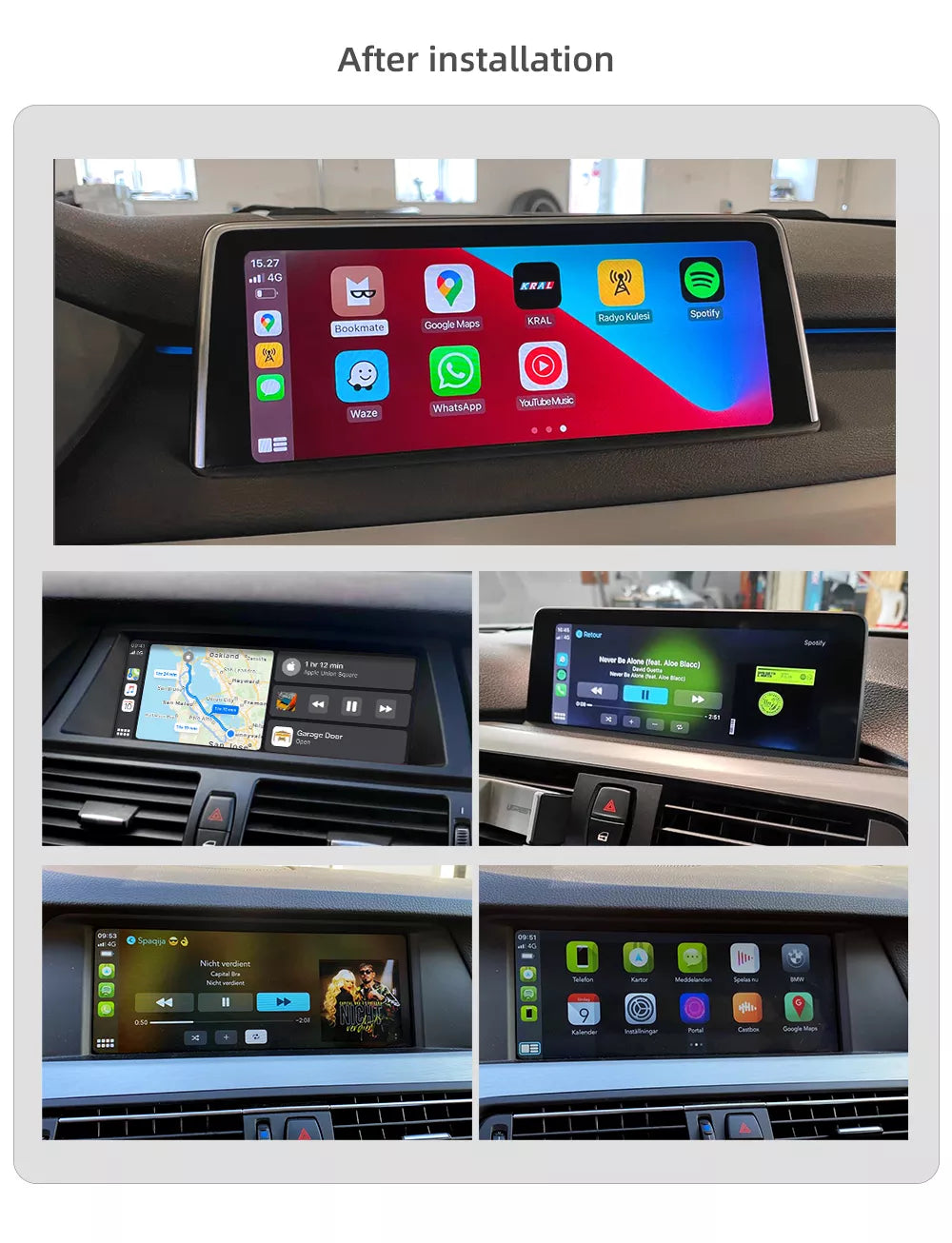 Movyro Apple CarPlay sans fil retrofit for BMW with Android Auto, showing the compact decoder device for seamless in-car integration.