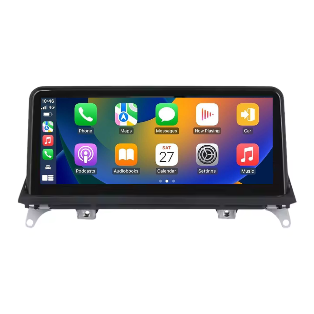 Movyro 10-inch Android car stereo for BMW X5 E70 and X6 E71 (2006-2014) with CarPlay and Android Auto integration.