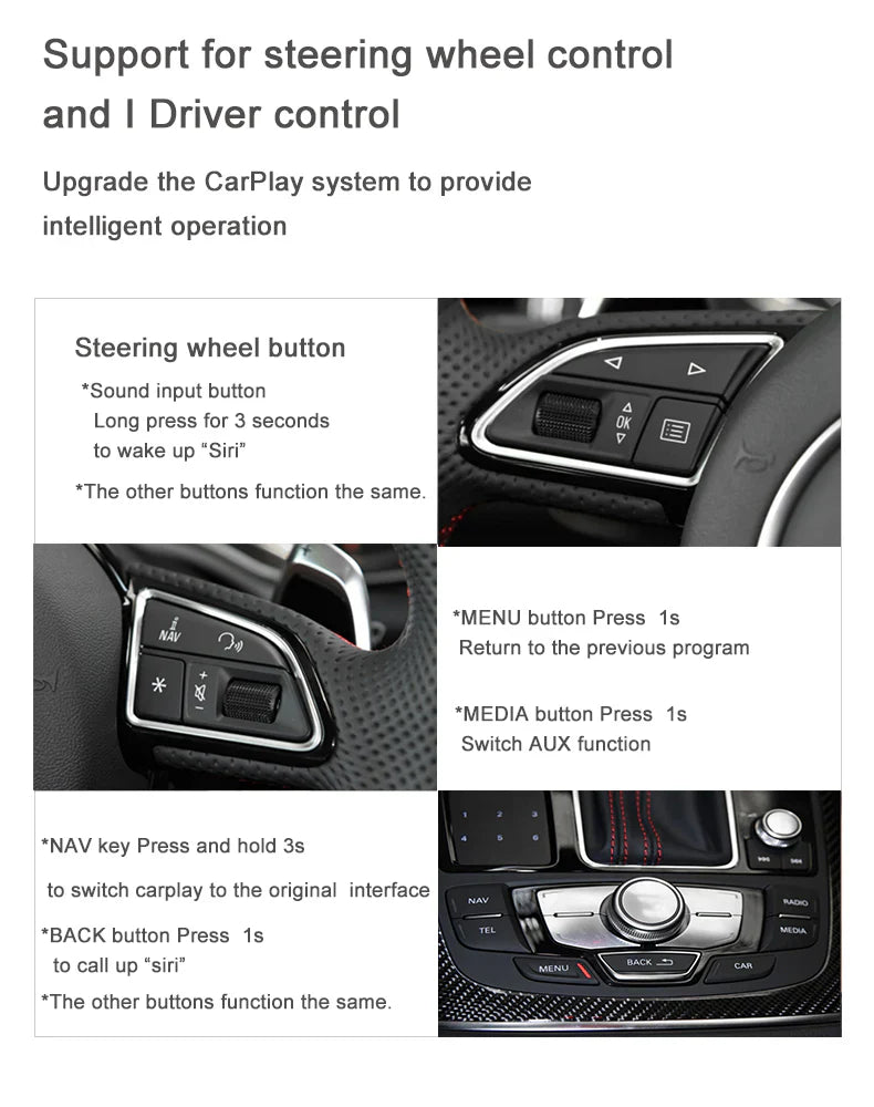 Décodeur Movyro pour rétrofit Apple CarPlay sans fil et Android Auto dans une Audi, interface moderne pour véhicule connecté.