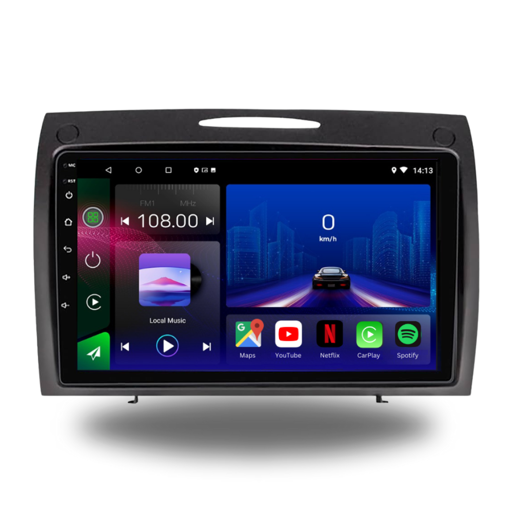 Autoradio Movyro Android 15 pour Mercedes SLK R171 2004-2011 avec Apple CarPlay et Android Auto, écran tactile moderne.