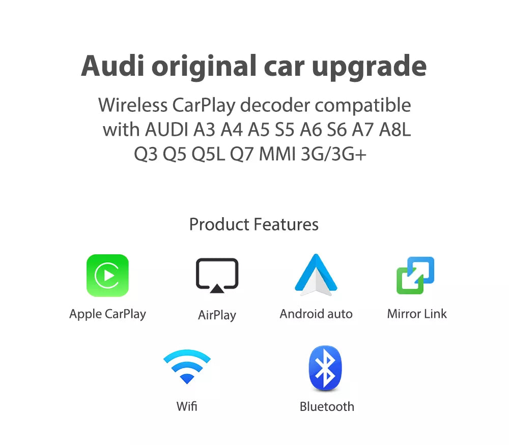 Décodeur Movyro pour Audi, retrofit CarPlay sans fil et Android Auto, intégration facile, interface moderne.