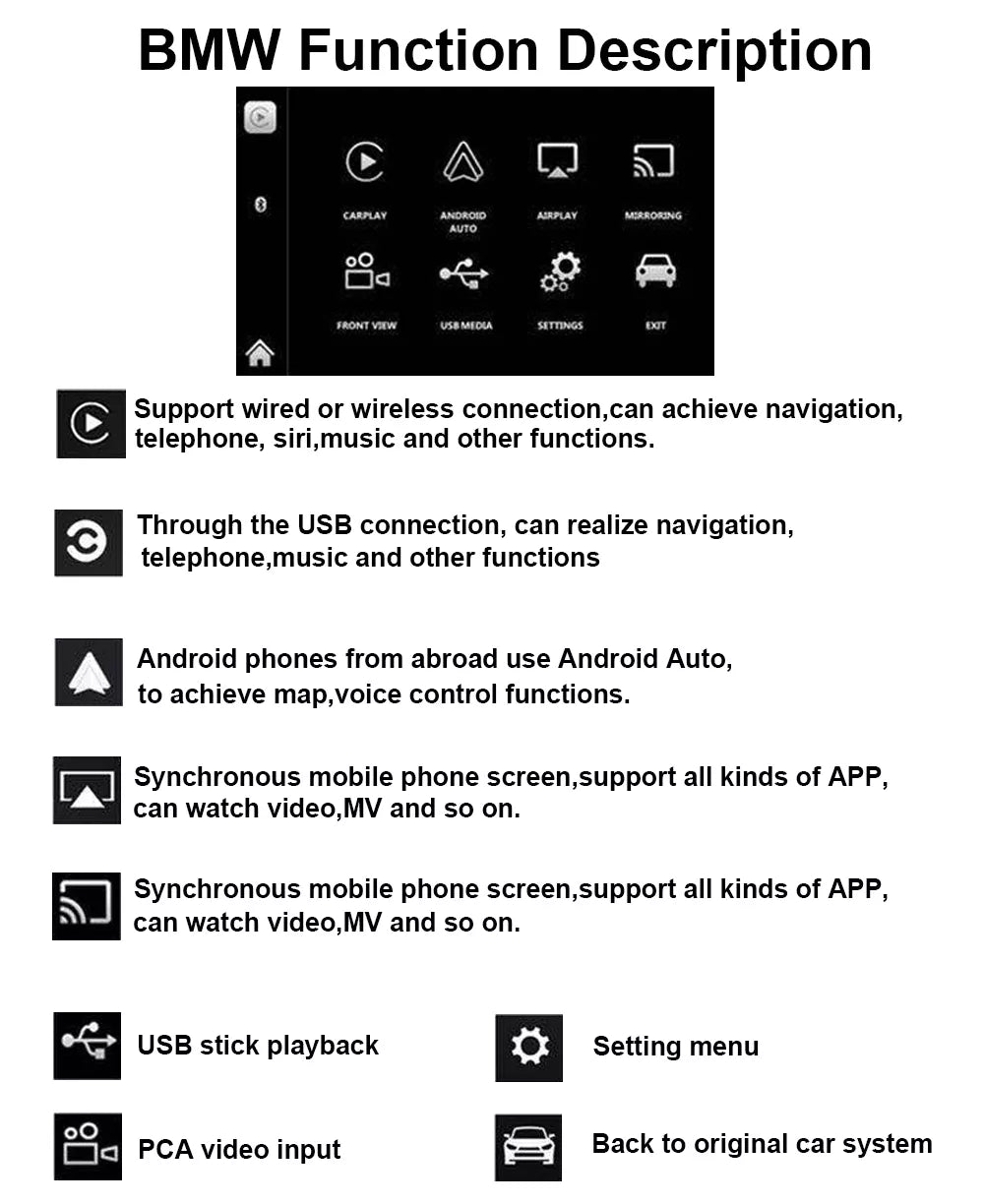 Movyro wireless Apple CarPlay retrofit for BMW with Android Auto decoding and integration, shown in a vehicle dashboard image.