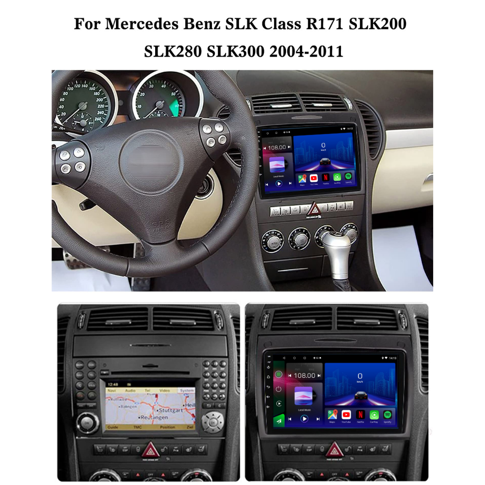 Autoradio Movyro Android 15 pour Mercedes SLK R171 2004-2011 avec Apple CarPlay et Android Auto, écran tactile moderne.