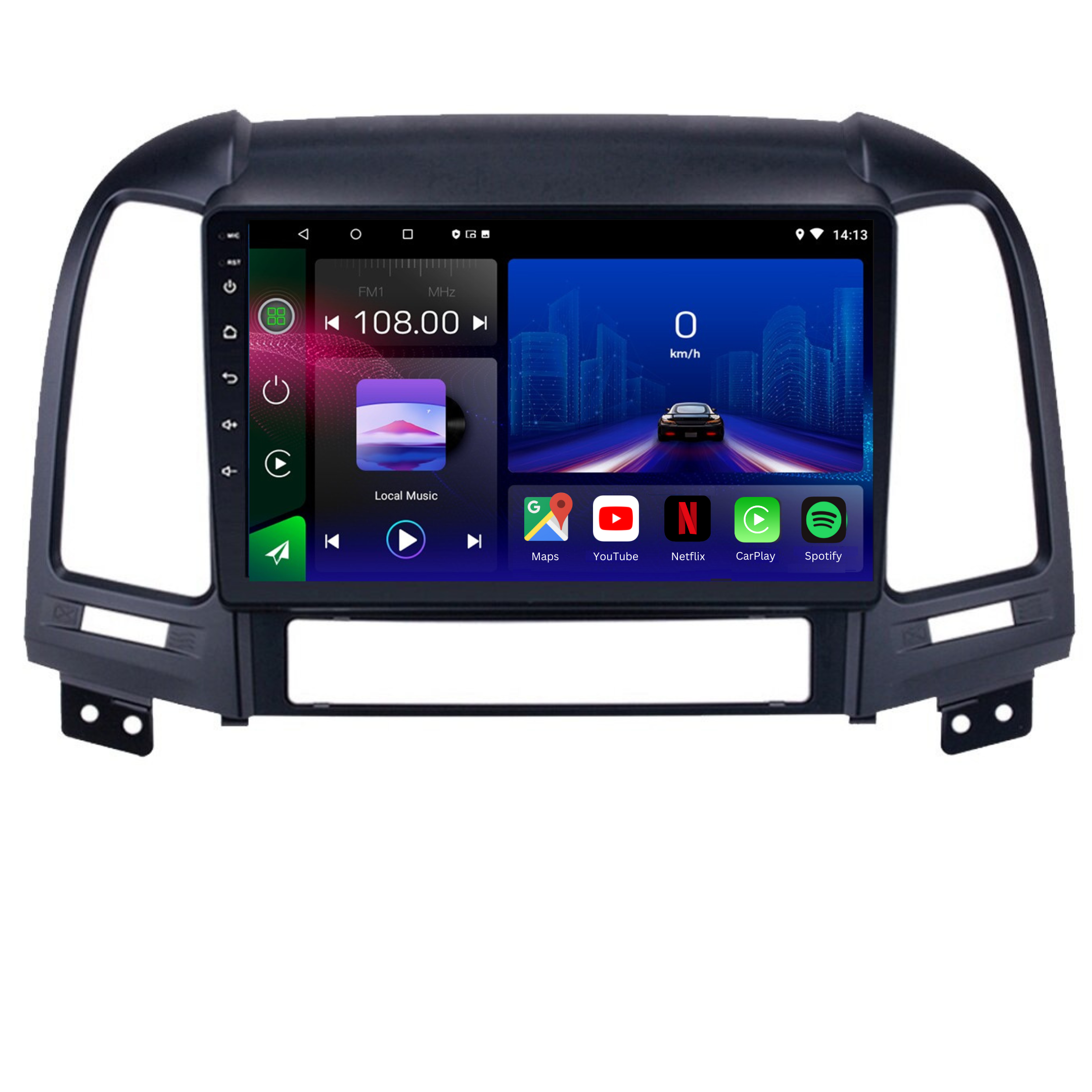 Movyro Android 15 autoradio for Hyundai Santa Fe 2007-2012, featuring Apple CarPlay and Android Auto connectivity.