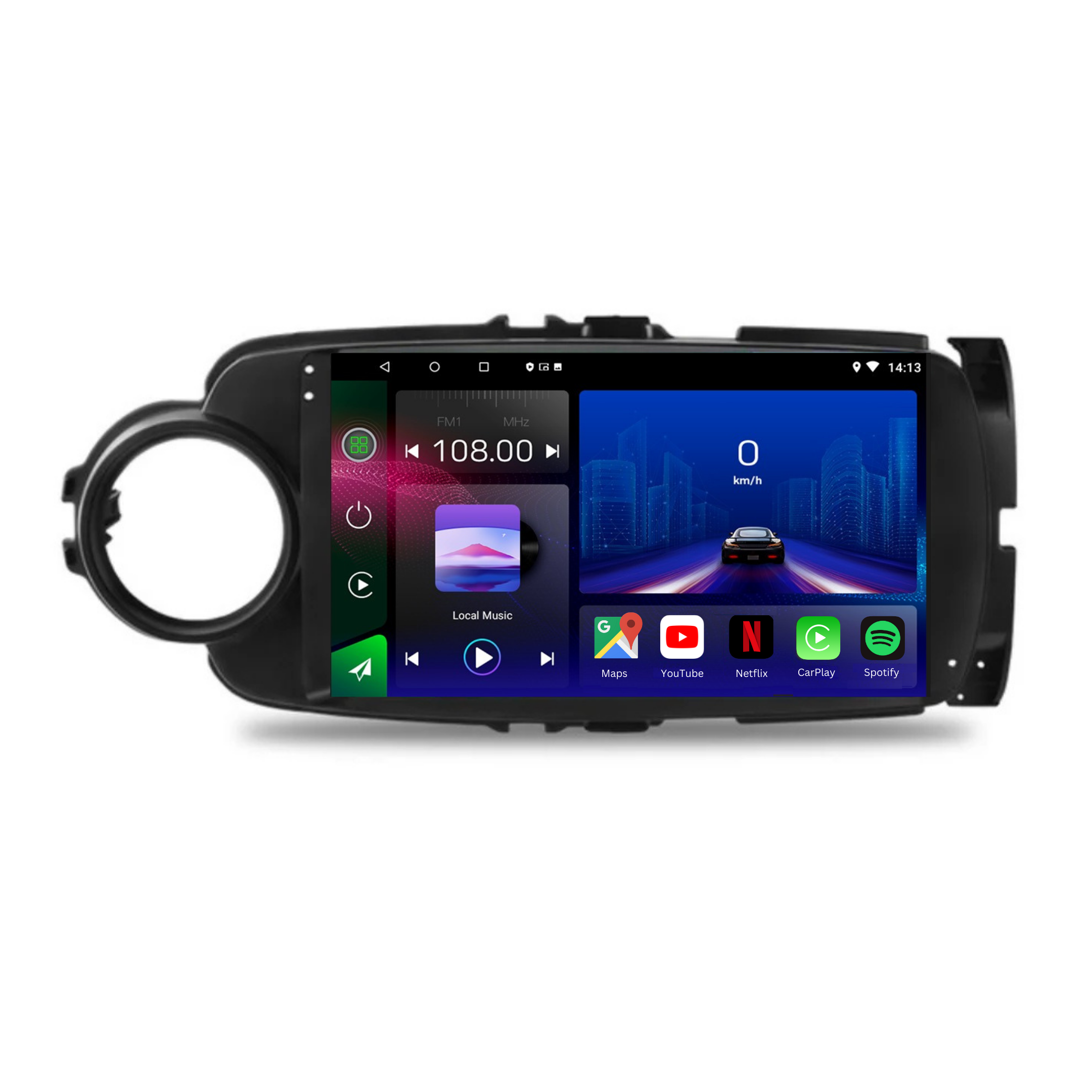 Autoradio Android 15 Movyro pour Toyota Yaris 2012-2017 avec Apple CarPlay et Android Auto, écran tactile couleur.