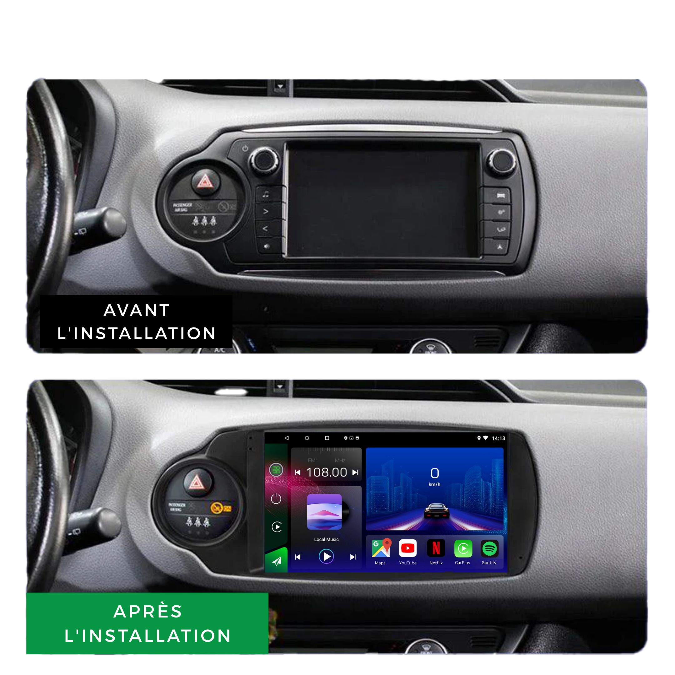 Autoradio Movyro pour Toyota Yaris 2012-2017 avec Android 15, Apple CarPlay et Android Auto, écran tactile visible.