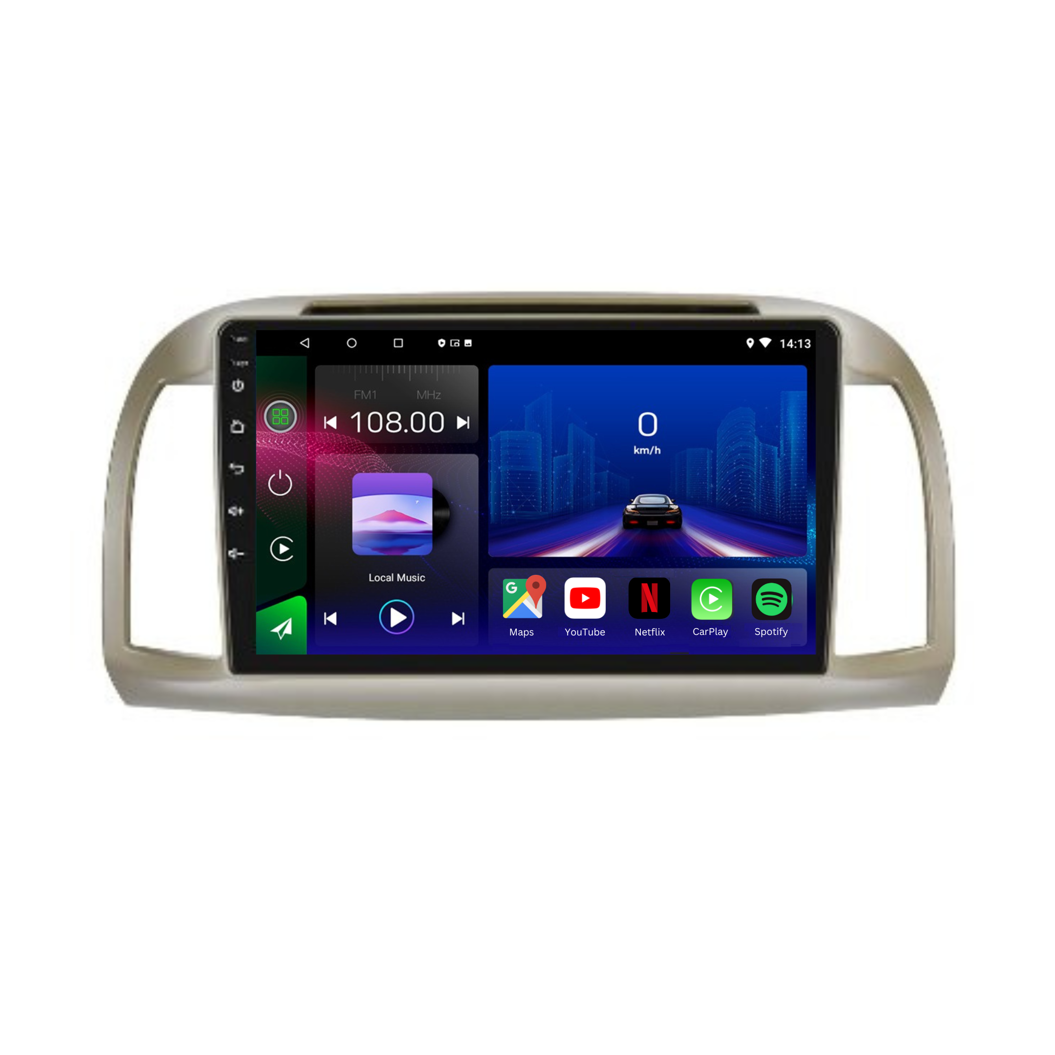 Movyro Nissan Micra 2002-2010 Android 15 autoradio with Apple CarPlay and Android Auto display in a car dashboard image.