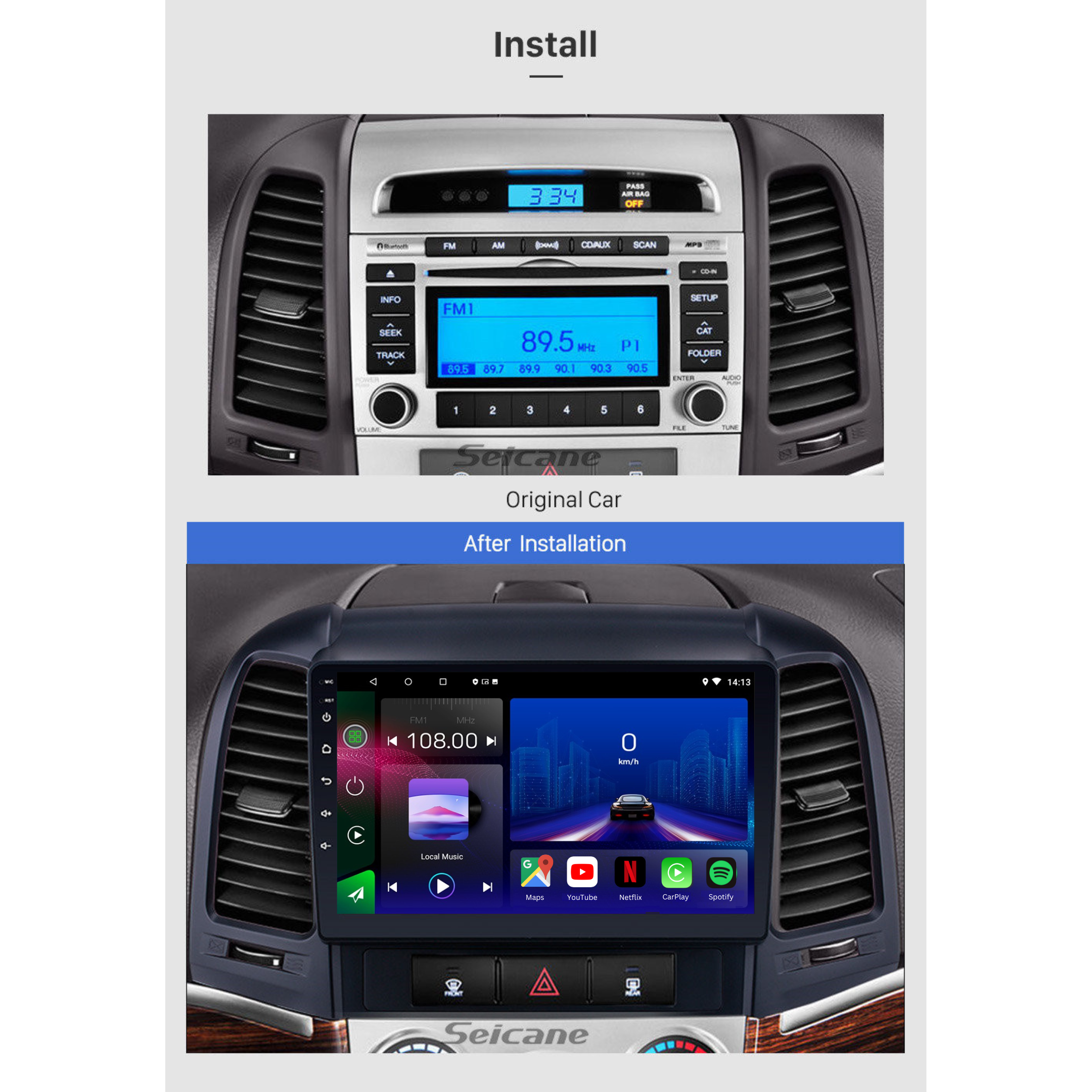 Movyro Android 15 Autoradio for Hyundai Santa Fe 2 (2007-2012) featuring Apple CarPlay and Android Auto connectivity.