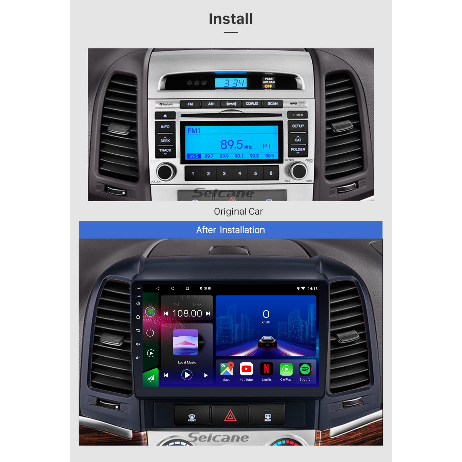 Movyro Android 15 Autoradio for Hyundai Santa Fe 2 (2007-2012) featuring Apple CarPlay and Android Auto connectivity.