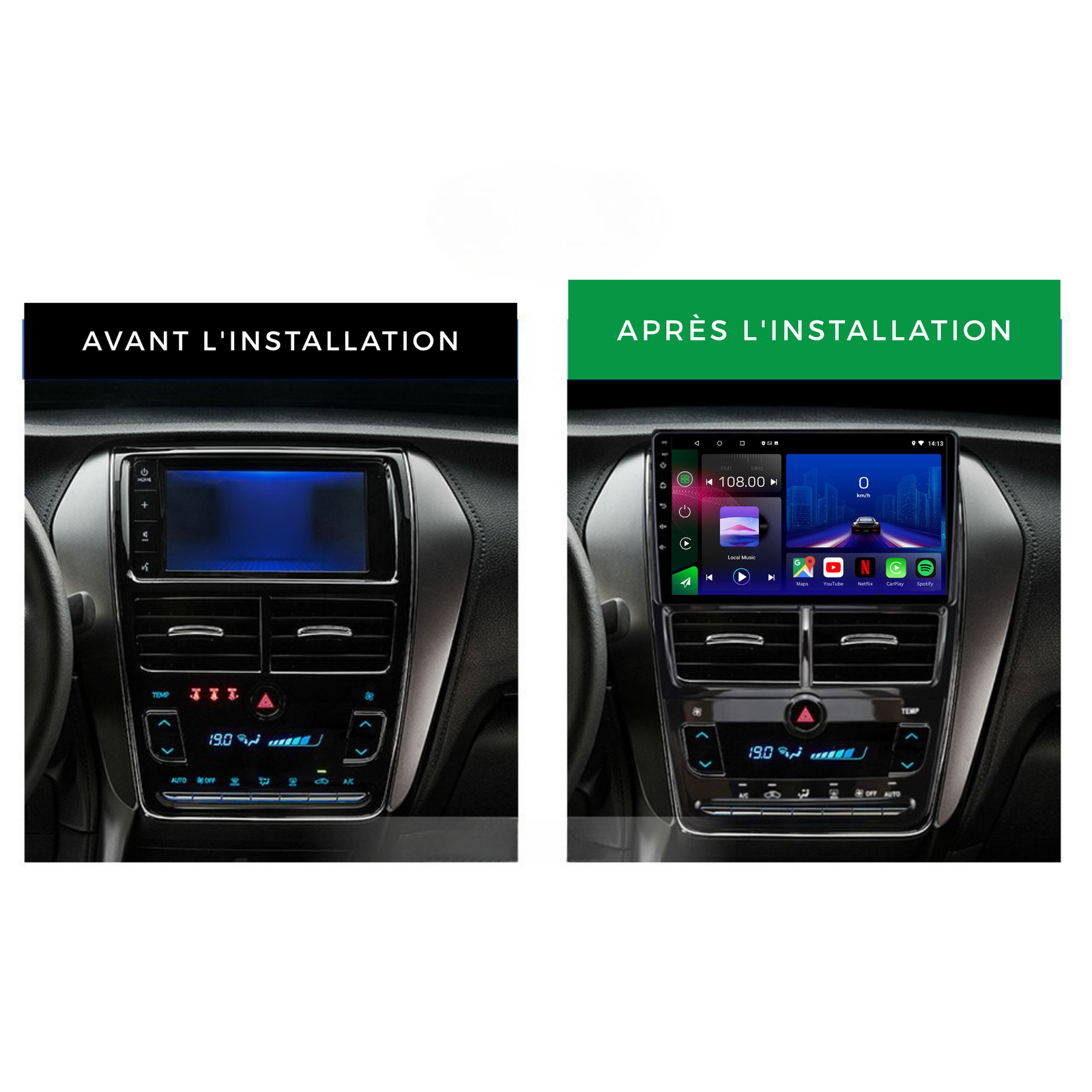 Autoradio Android 15 Movyro pour Toyota Yaris 2018-2020 avec Apple CarPlay et Android Auto, écran tactile couleur.