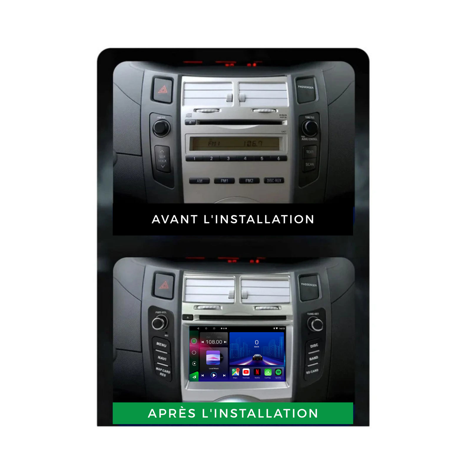 Movyro Toyota Yaris 2005-2012 autoradio with Android 15, Apple CarPlay, and Android Auto for seamless in-car entertainment.