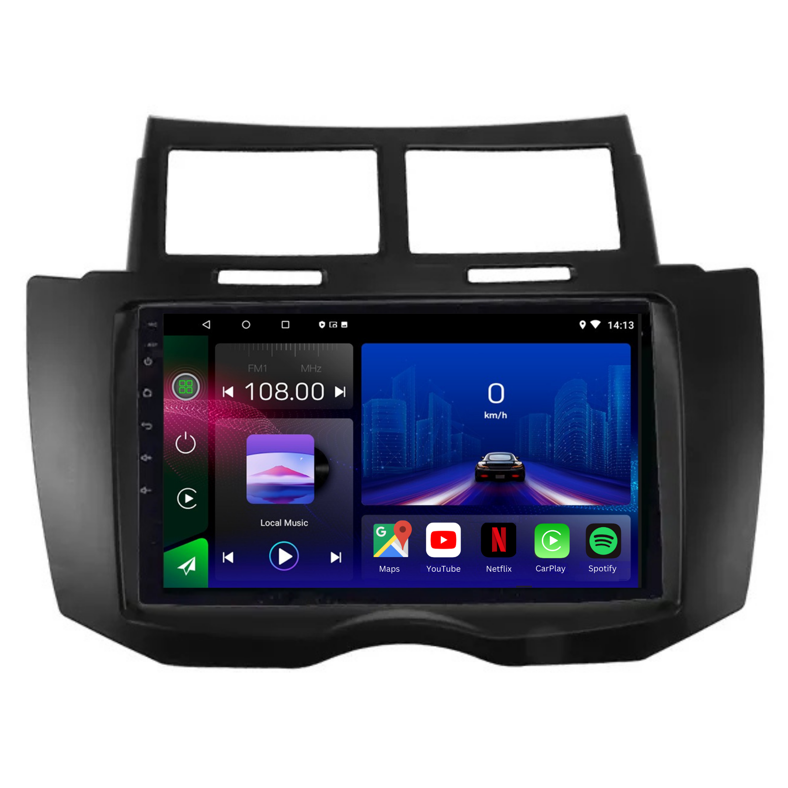 Movyro Toyota Yaris 2005-2012 autoradio with Android 15, Apple CarPlay, and Android Auto interface displayed on the screen.