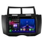 Movyro Toyota Yaris 2005-2012 autoradio with Android 15, Apple CarPlay, and Android Auto interface displayed on the screen.