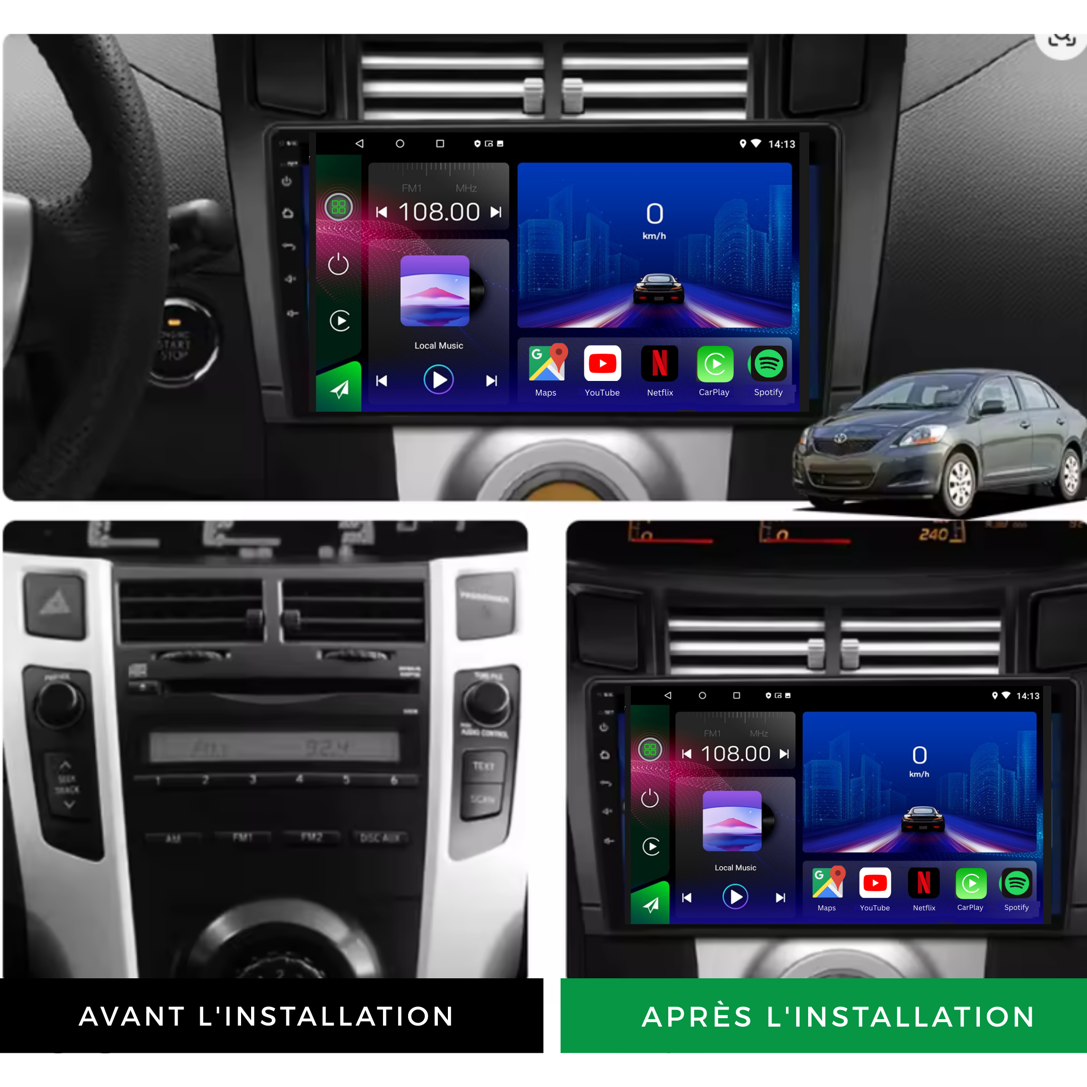 Movyro Toyota Yaris 2005-2012 Android 15 autoradio with Apple CarPlay and Android Auto interface, installed in vehicle dashboard.