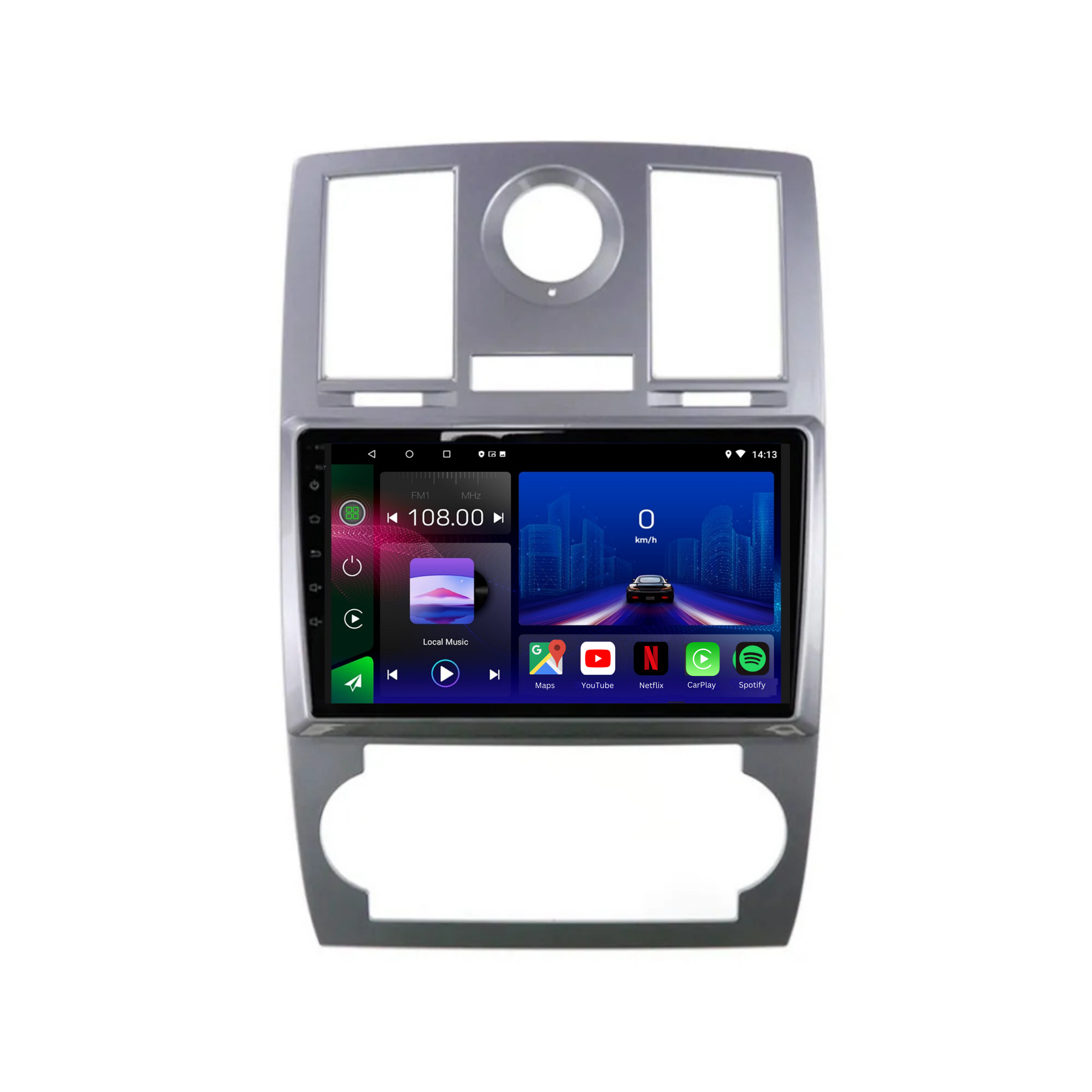 Movyro Chrysler 300 300C 2004-2008 Android 15 autoradio with Apple CarPlay and Android Auto features, displayed on screen.
