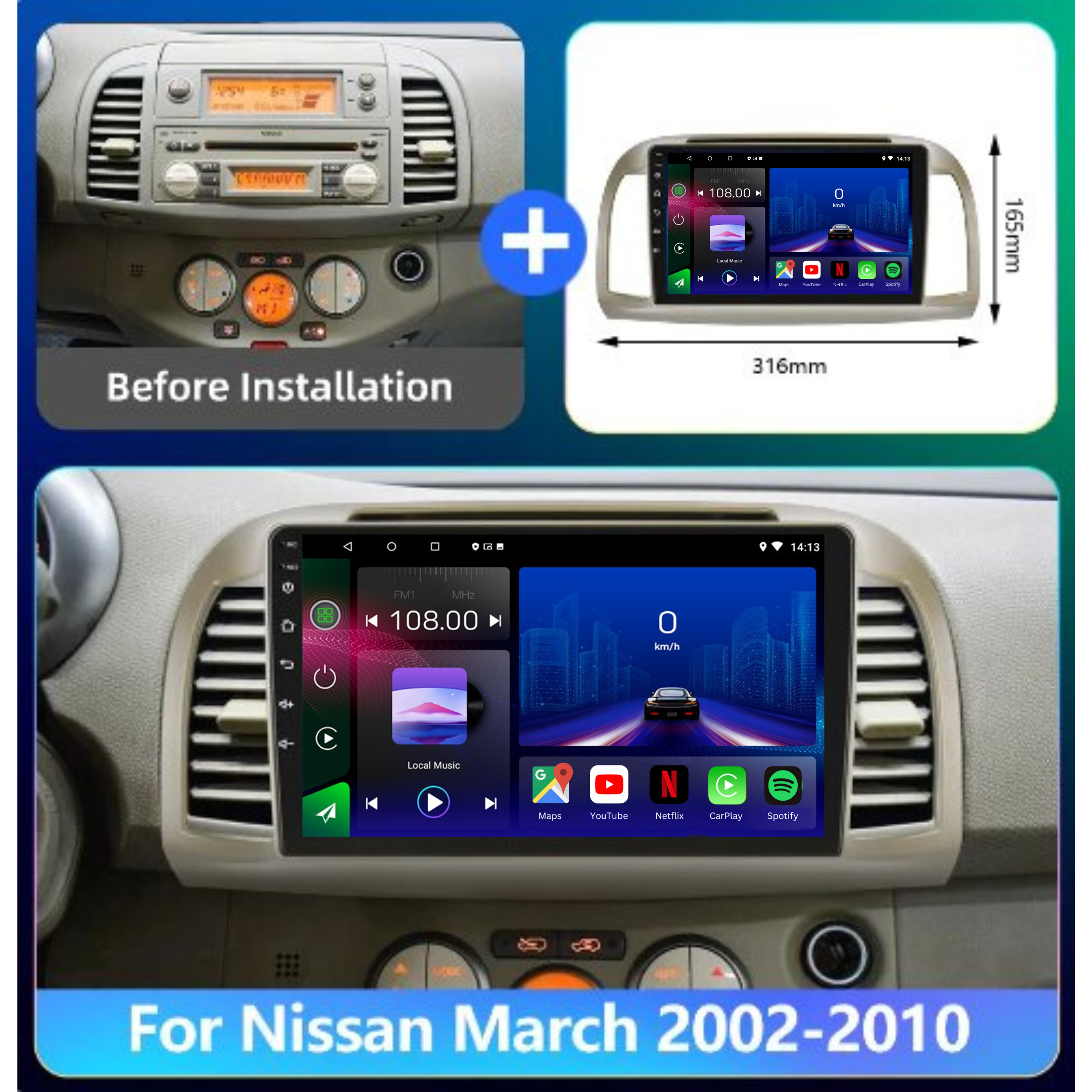 Movyro Nissan Micra 2002-2010 Android 15 autoradio with Apple CarPlay and Android Auto, touchscreen multimedia system.