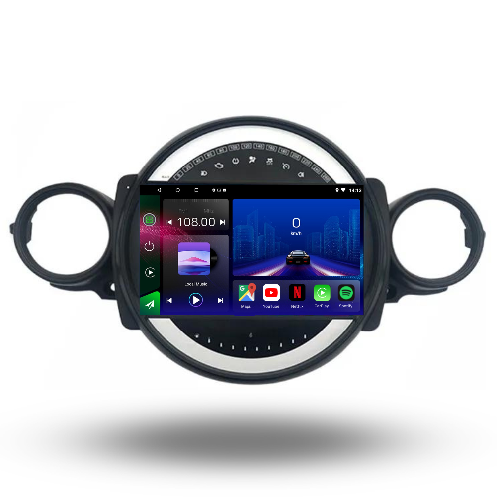 Autoradio Mini Movyro pour R51 R56 R57 R58 R59 R60 2006-2013 avec Android 15, Apple CarPlay et Android Auto visible à l'écran.