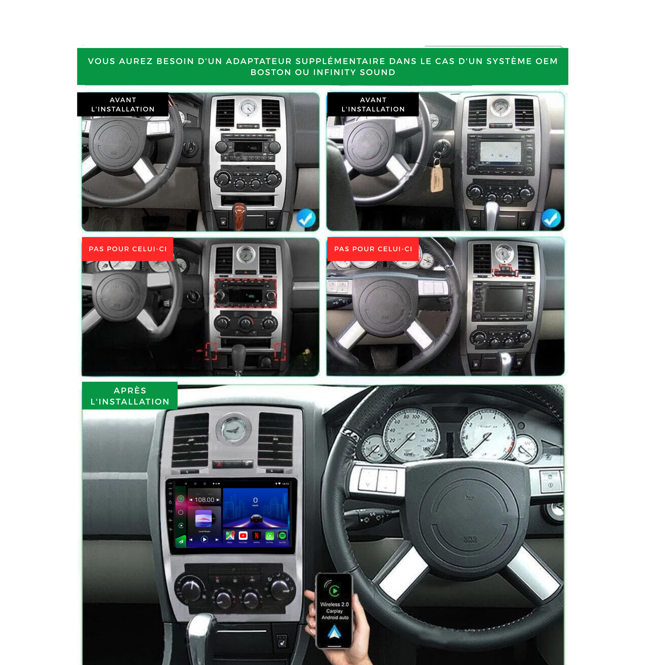 Movyro Chrysler 300 300C 2004-2008 autoradio with Android 15, Apple CarPlay, and Android Auto interface in a car dash display.