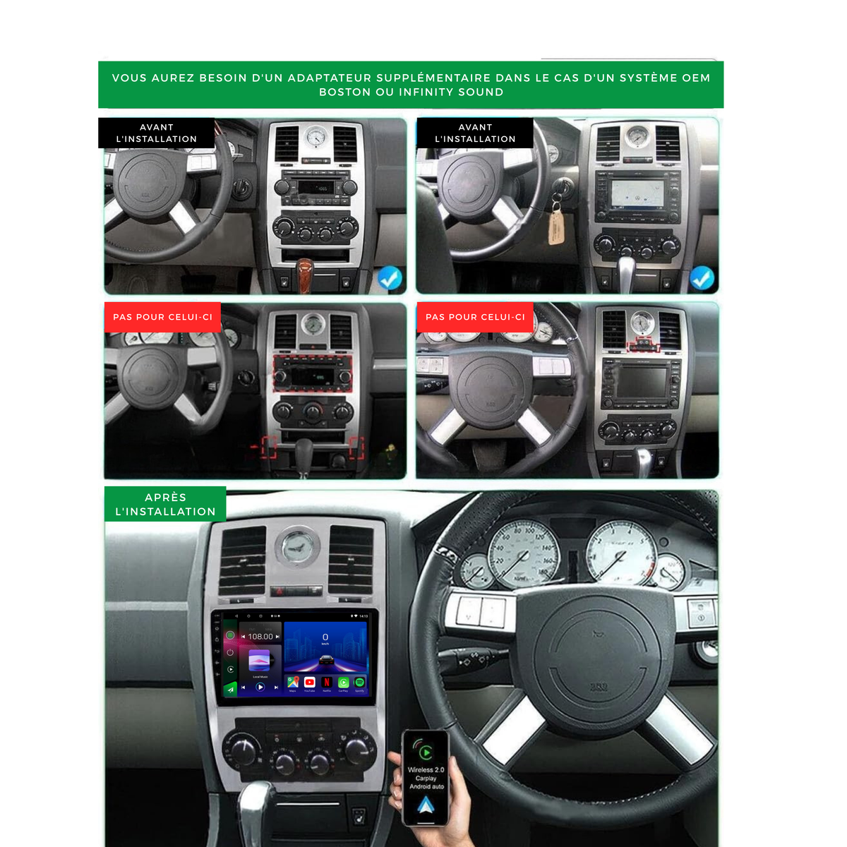 Movyro Chrysler 300 300C 2004-2008 autoradio with Android 15, Apple CarPlay, and Android Auto interface in a car dash display.