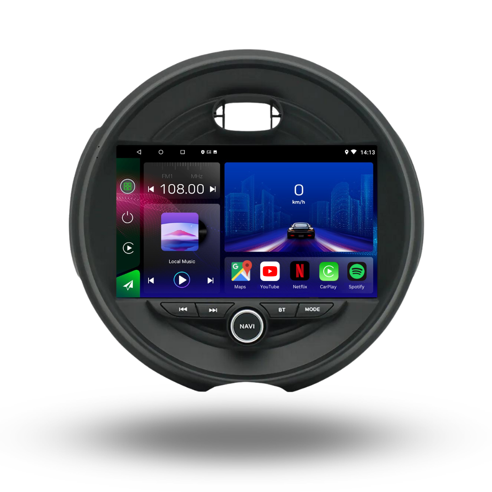 Mini 2014-2019 Movyro Android 15 autoradio with Apple CarPlay and Android Auto, installed in vehicle dashboard.