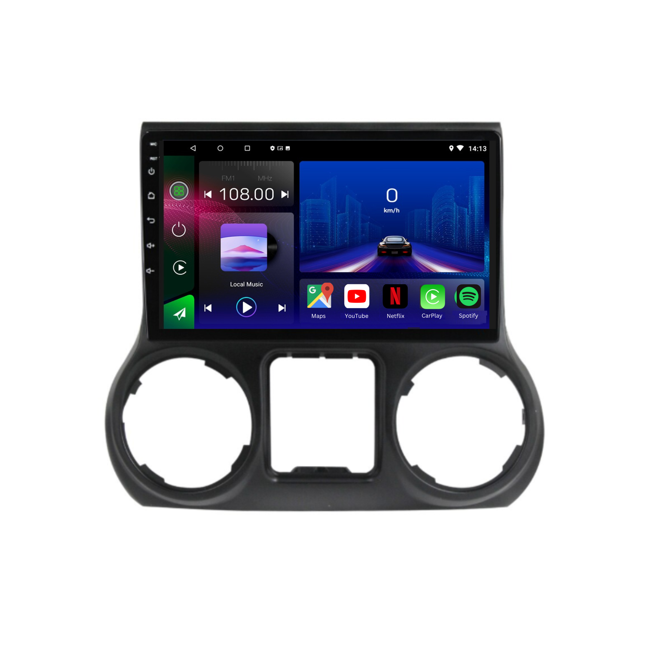 Autoradio Movyro pour Jeep Wrangler 2008-2017 avec Android 15, Apple CarPlay et Android Auto, affichage de l'écran principal.