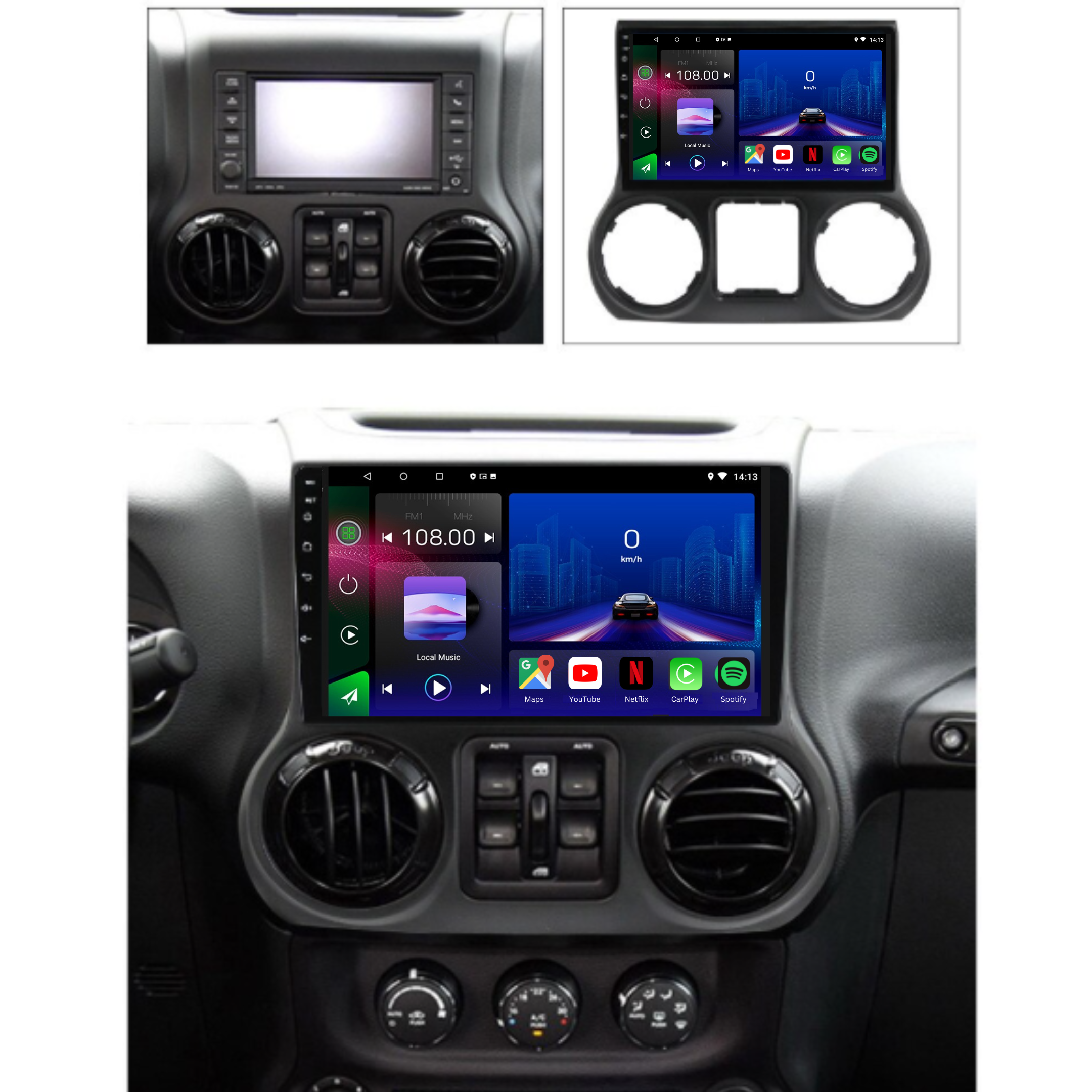 Autoradio Movyro Android 15 pour Jeep Wrangler 2008-2017 avec Apple CarPlay et Android Auto, écran tactile.