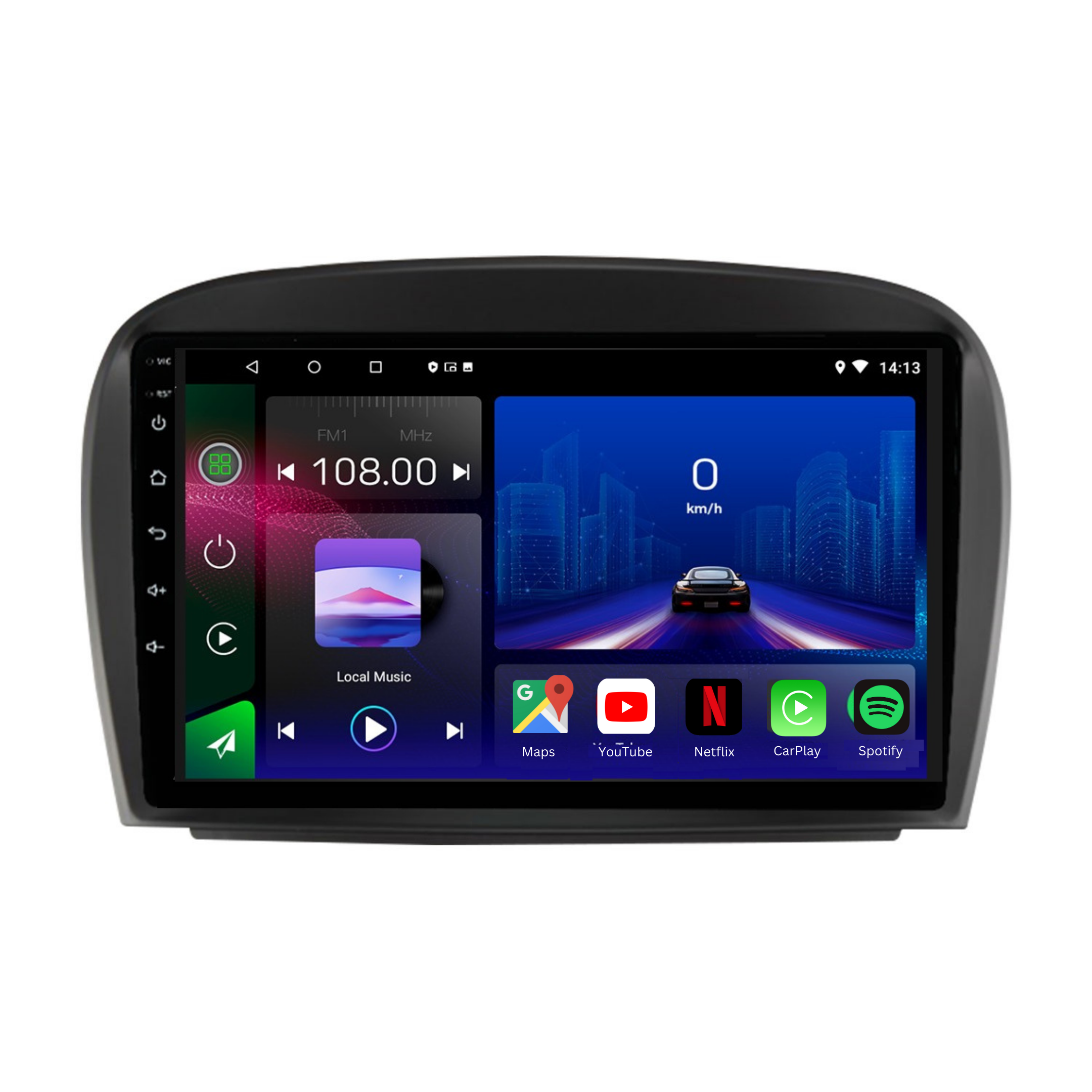 Movyro Mercedes SL R230 2001-2007 Android 15 autoradio with Apple CarPlay and Android Auto display.
