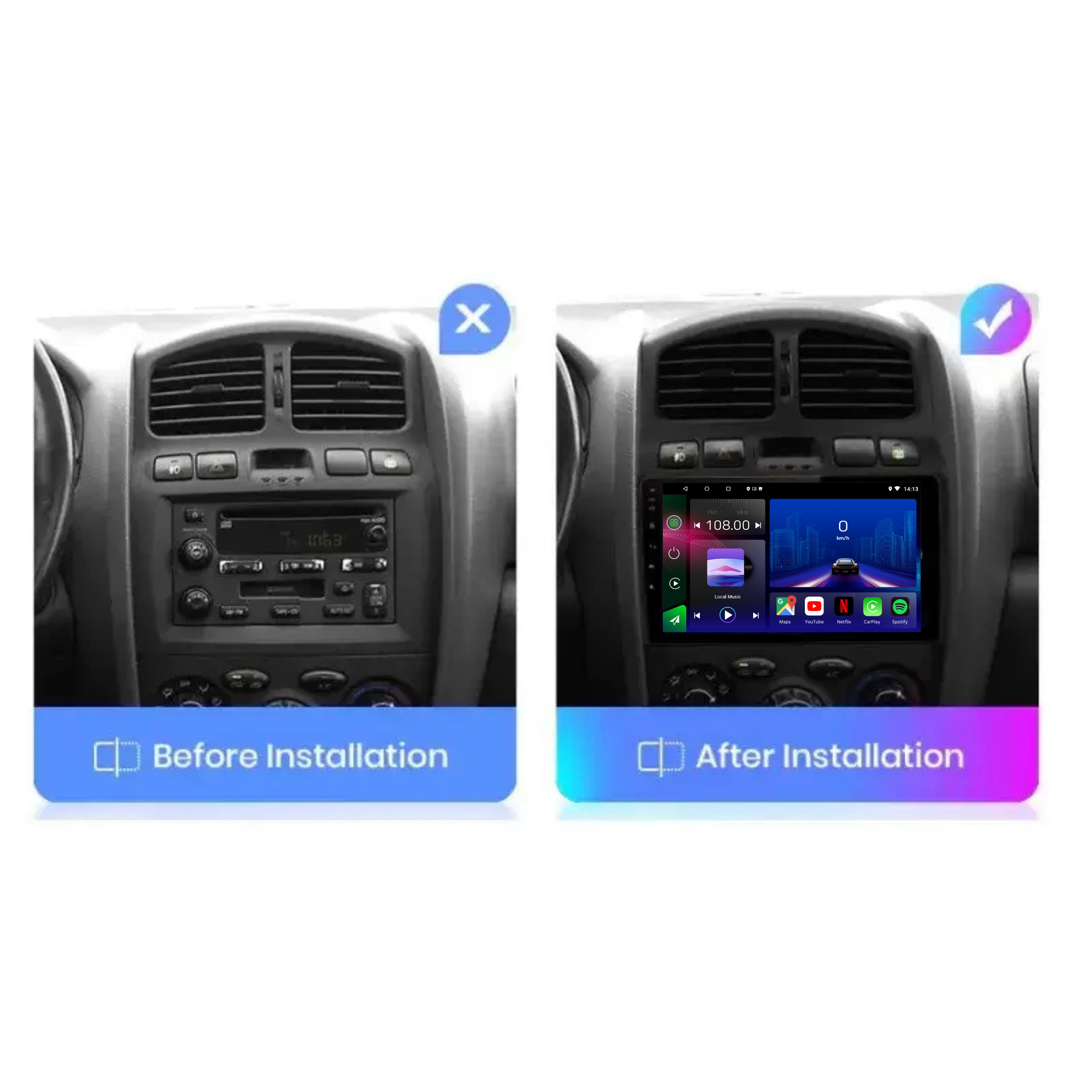 Movyro Hyundai Santa Fe 2001-2006 autoradio with Android 15, Apple CarPlay, and Android Auto interface on a touchscreen display.