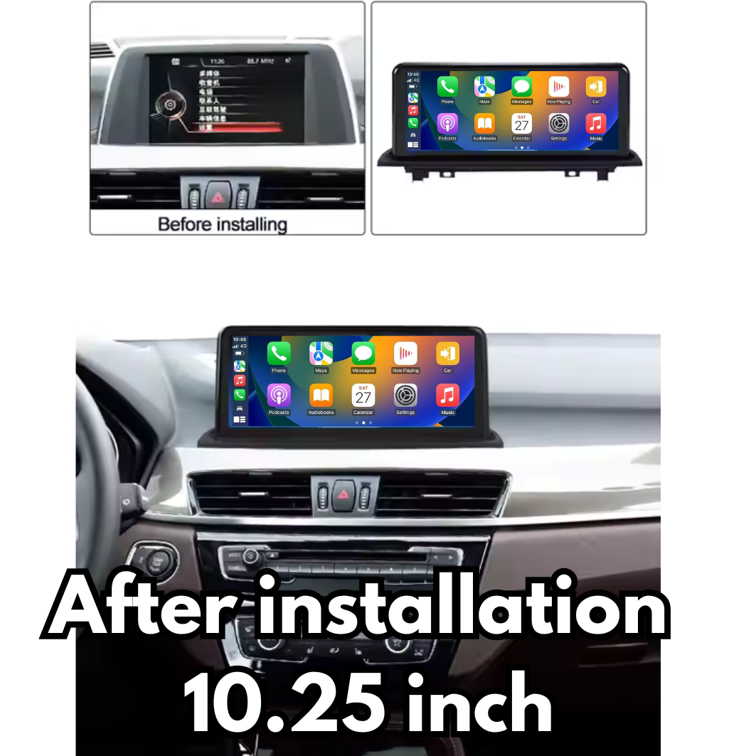 Movyro BMW X1 X2 2015-2022 F48 F39 Android CarPlay and Android Auto autoradio installed in the dashboard.
