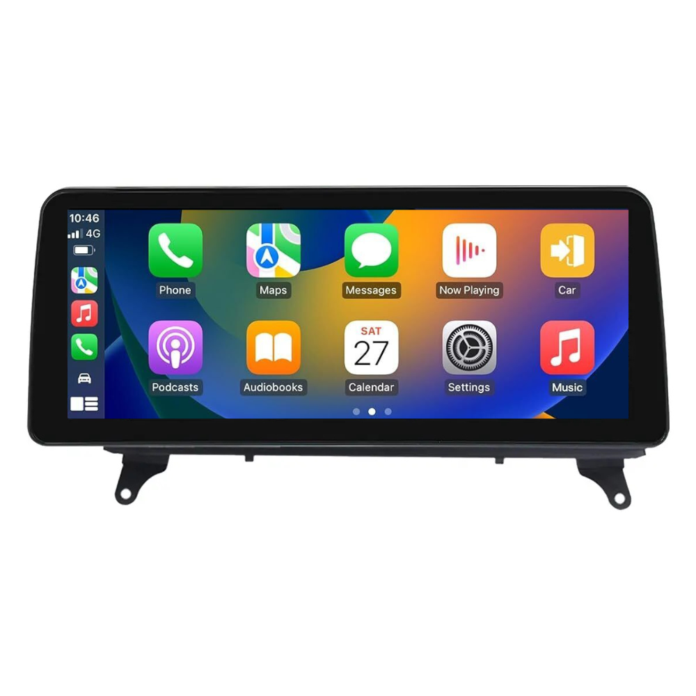 Movyro Android Car Stereo for BMW X5 X6 2006-2014 E70 E71 with CarPlay and Android Auto display in a vehicle dashboard