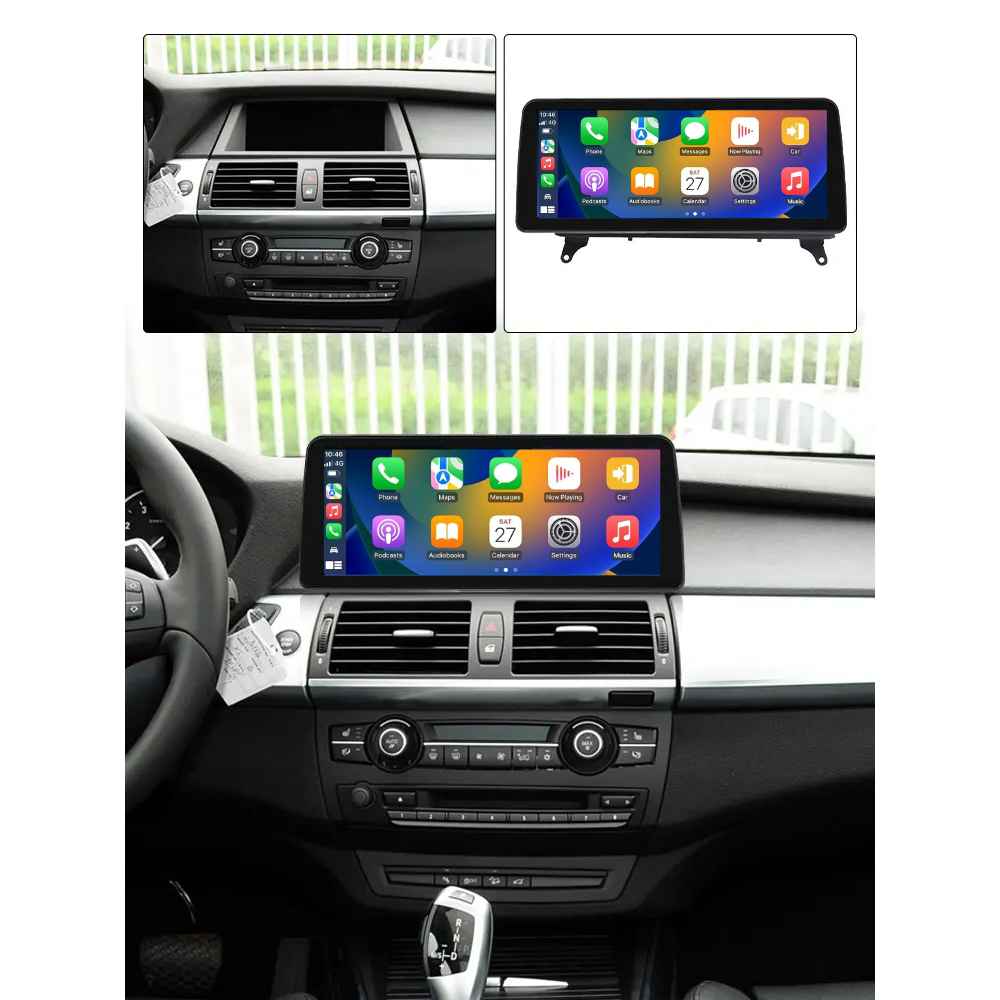 Movyro car stereo for BMW X5 X6 2006-2014 E70 E71 with Android 15, CarPlay, and Android Auto in dashboard display.