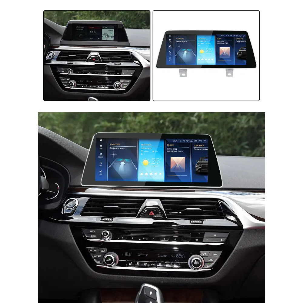 Movyro BMW 5 Series 2017-2024 G30 G31 car stereo with Android 15, CarPlay and Android Auto interface, touchscreen display.