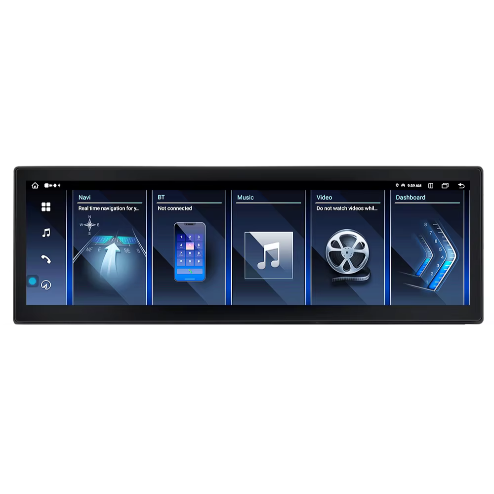 BMW 5 Series 2017-2024 G30 G31 car stereo by Movyro with Android 15, CarPlay, and Android Auto interface in a modern dashboard display