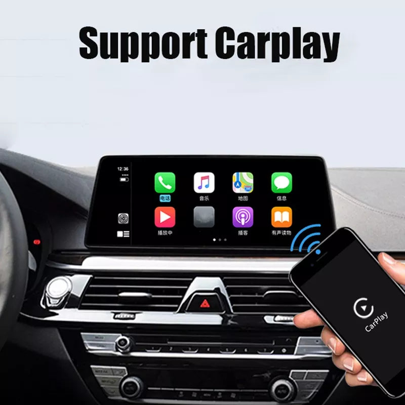 Wireless Apple CarPlay retrofit for BMW by Movyro, showing the decoding device and car dashboard integration in a sleek design.