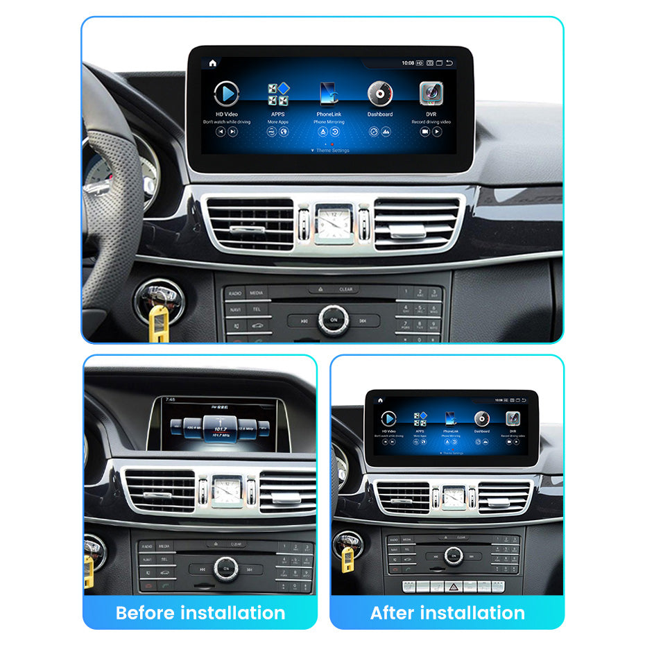 Movyro Mercedes E Class 2009-2016 W212 S212 car stereo with Android Auto, CarPlay, touchscreen display, and NTG 4.0-5.0 interface