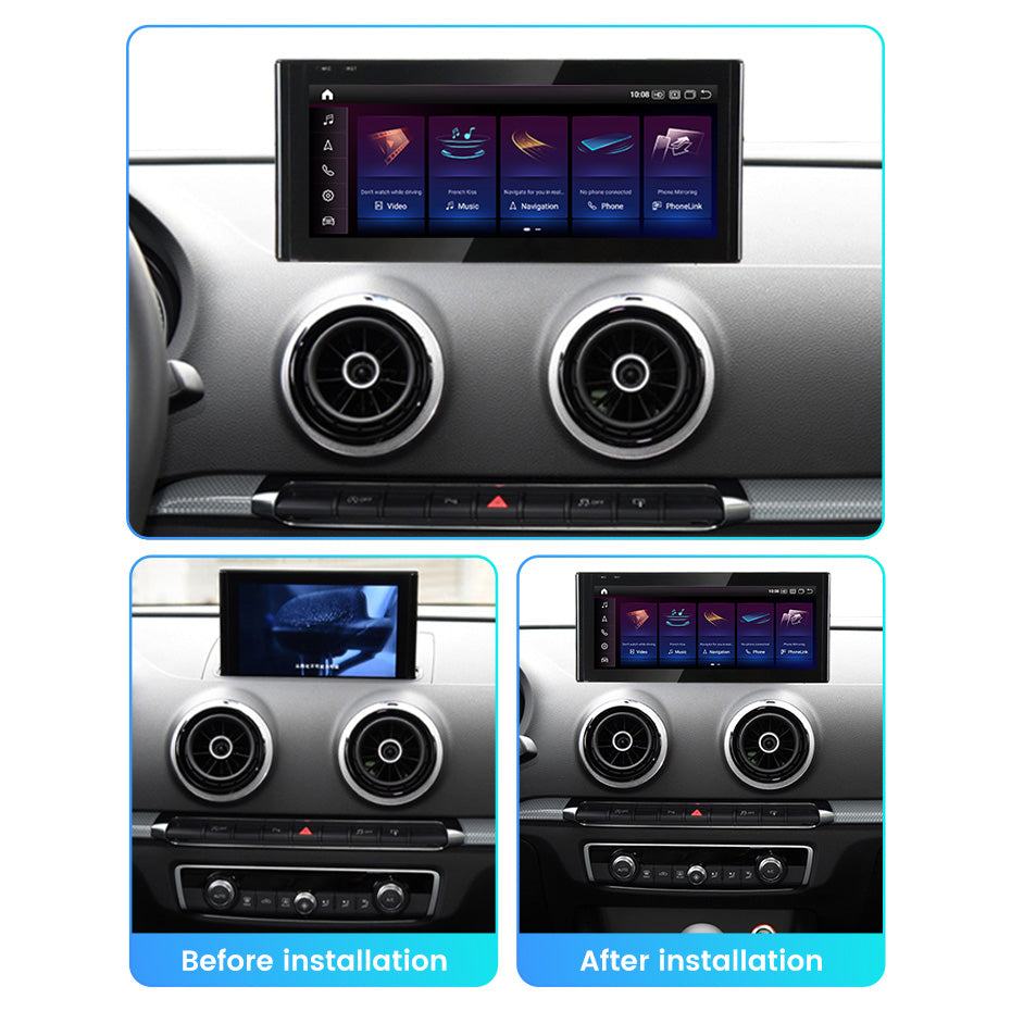 Autoradio Movyro pour Audi A3 S3 RS3 2012-2020 avec écran Android 15, CarPlay et Android Auto, affichage de l'écran principal.