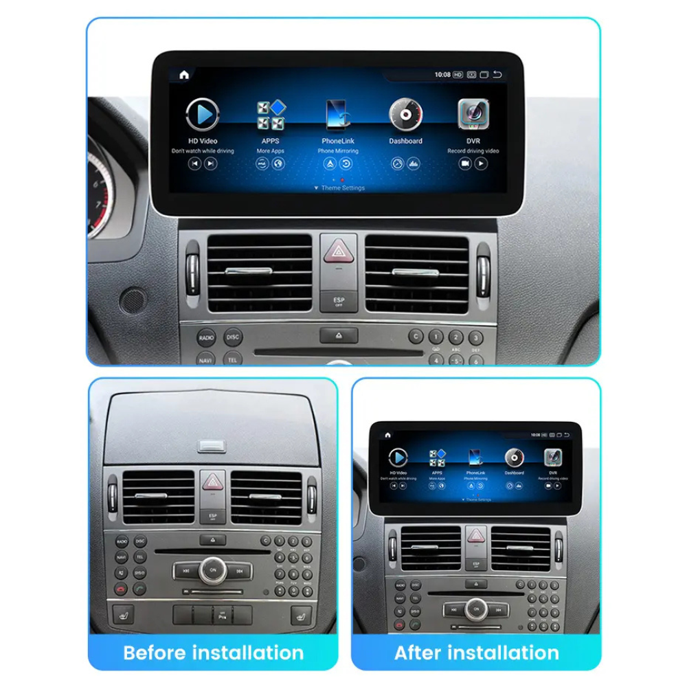Autoradio Mercedes C Class W204 2007-2014 Movyro avec écran Android 15, CarPlay et Android Auto, moderne et tactile
