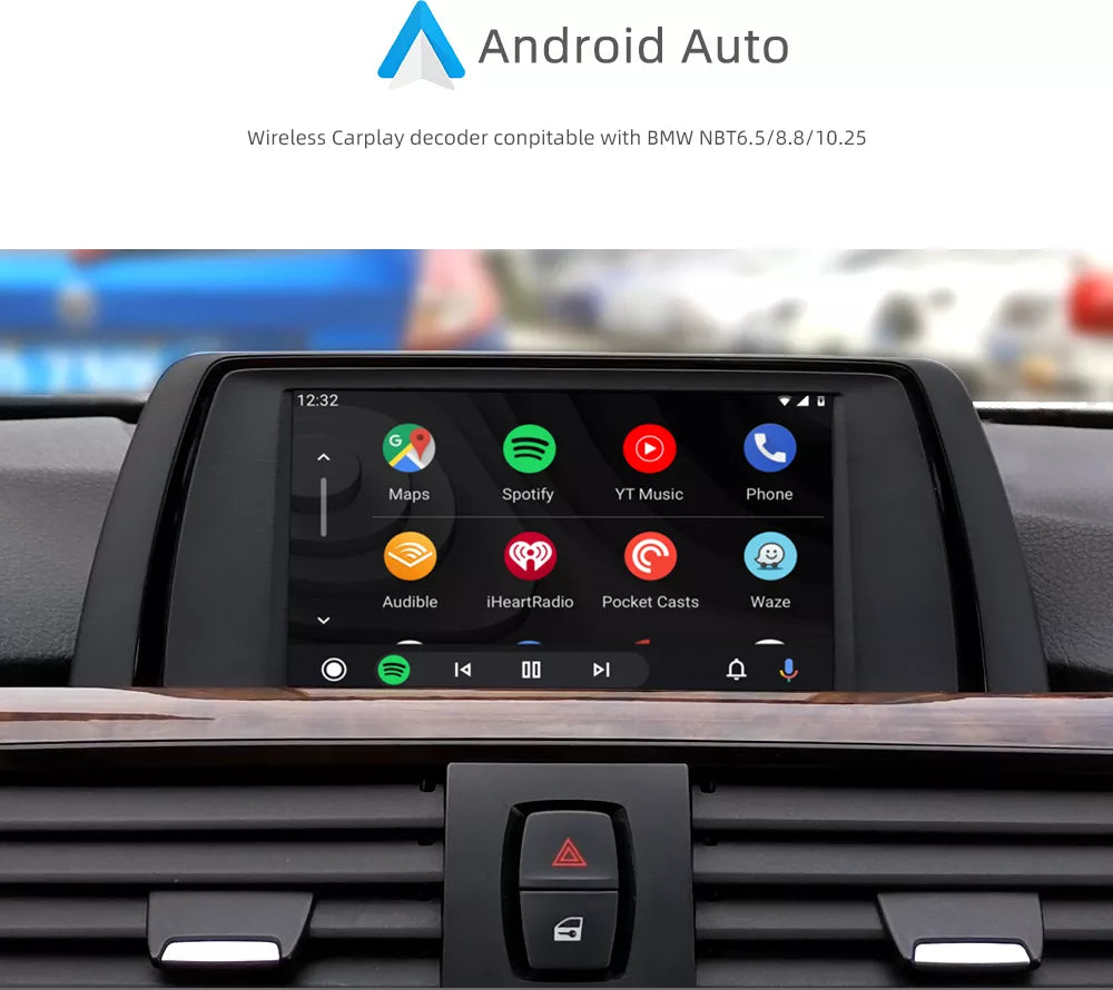 Movyro Apple CarPlay sans fil retrofit device for BMW, Android Auto compatible, showing the compact decoder unit.