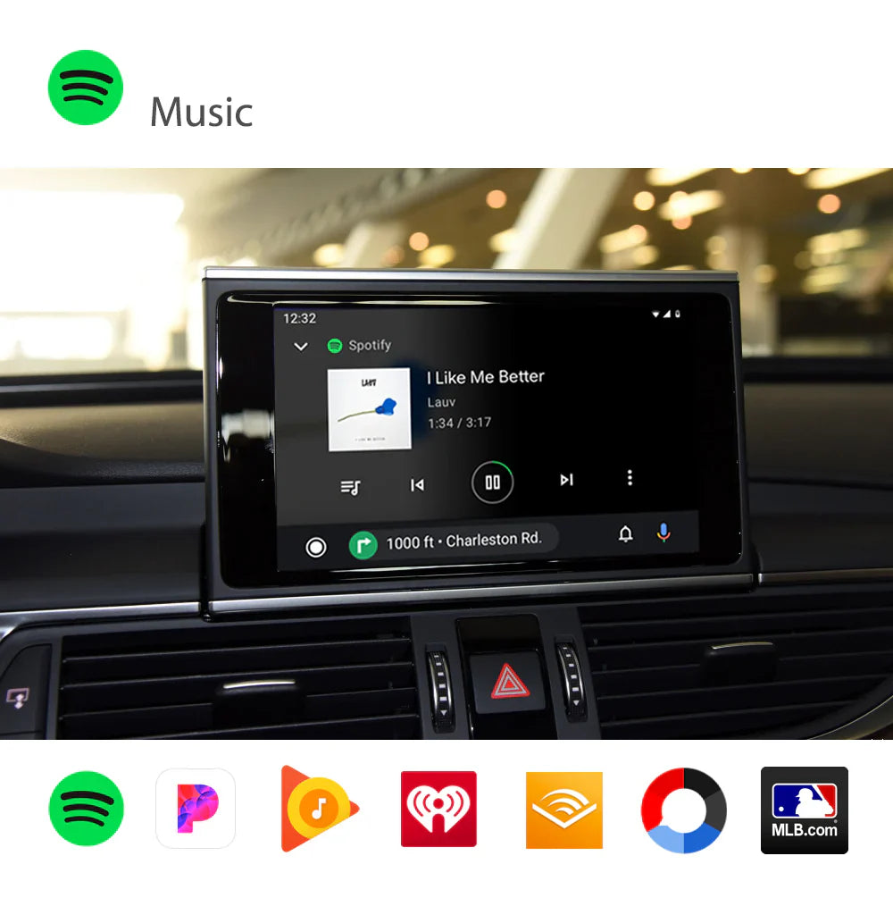 Rétrofit Apple CarPlay sans fil pour Audi, décodeur Movyro avec Android Auto, intégration facile dans le véhicule.
