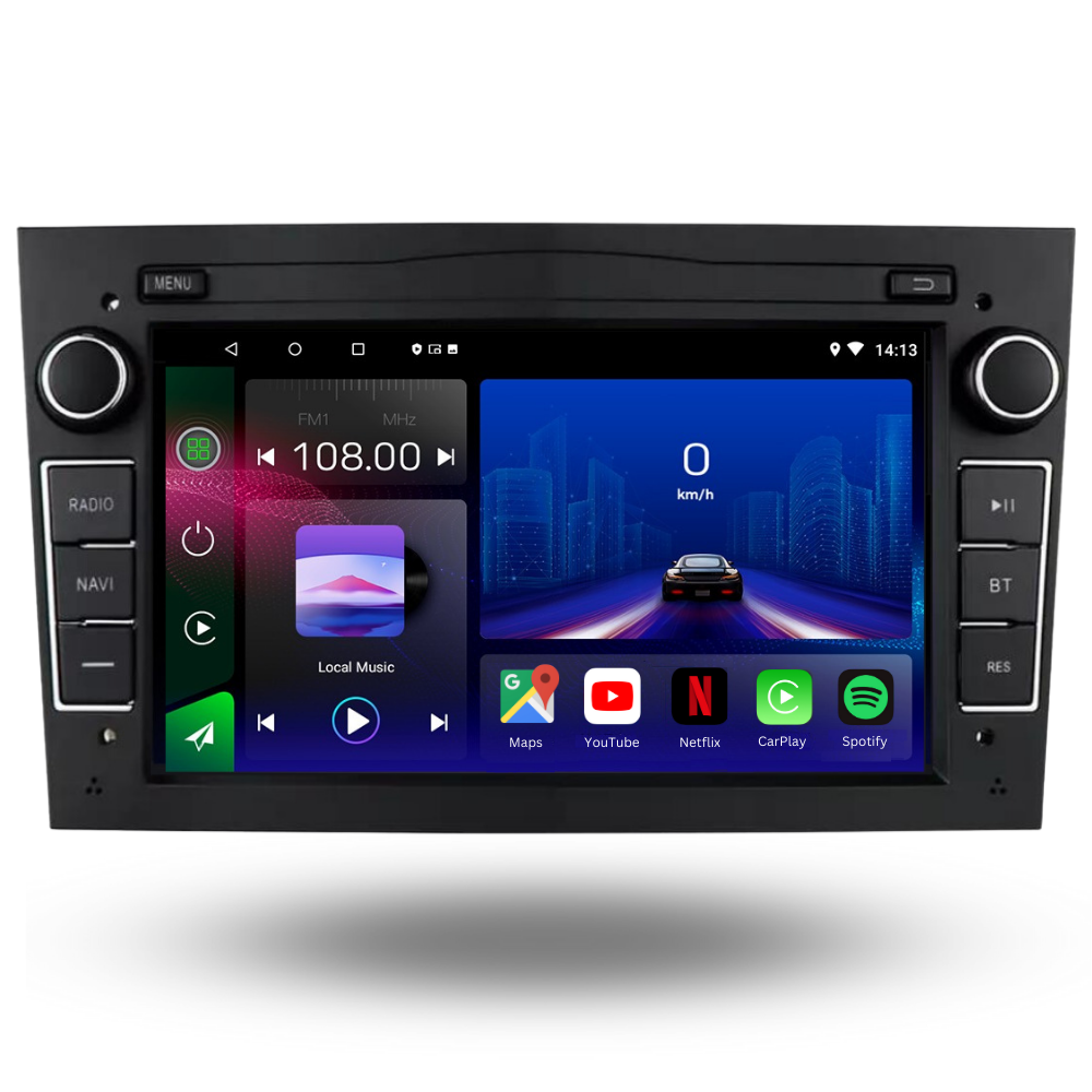 Autoradio universel Movyro Opel Android 15 avec Apple CarPlay et Android Auto, écran tactile et commandes intuitives.