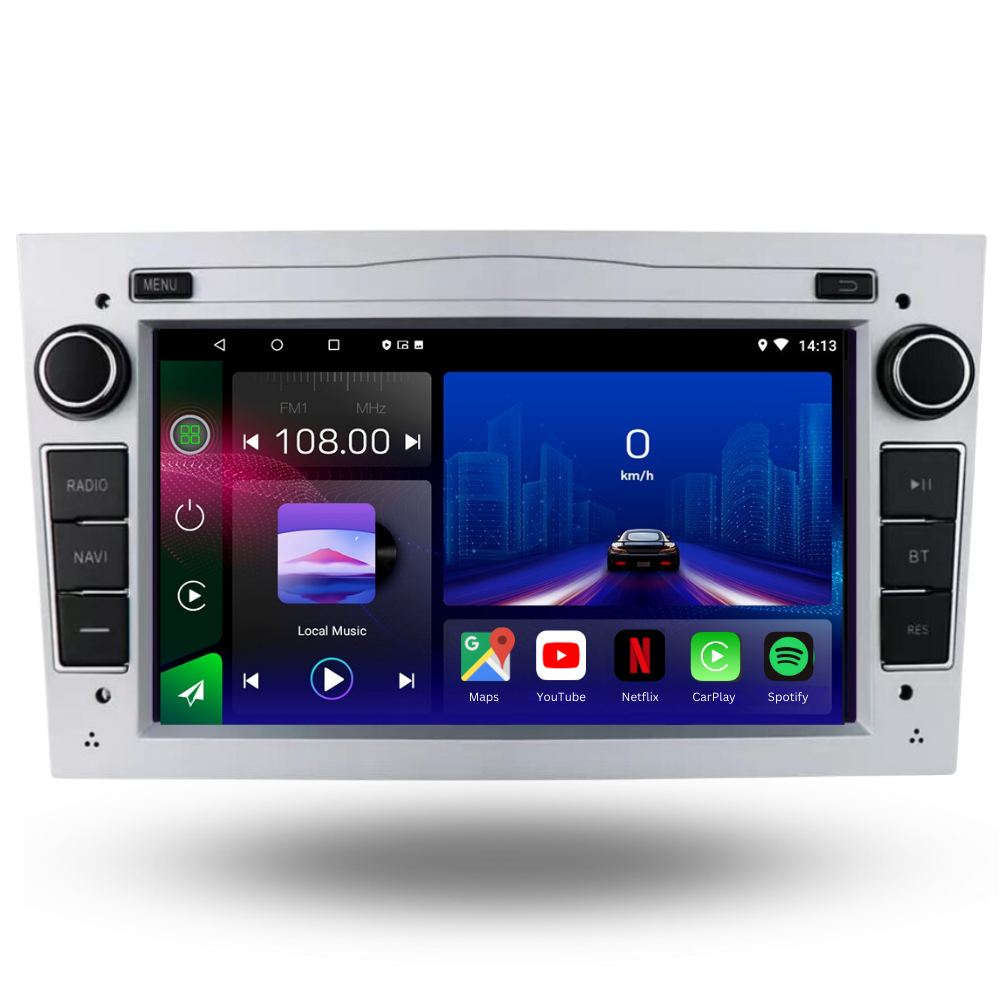 Autoradio universel Opel Movyro avec Android 15, compatible Apple CarPlay et Android Auto, écran tactile moderne.