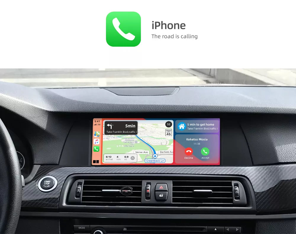 Movyro wireless Apple CarPlay retrofit device for BMW, compatible with Android Auto, enabling seamless in-car smartphone integration.