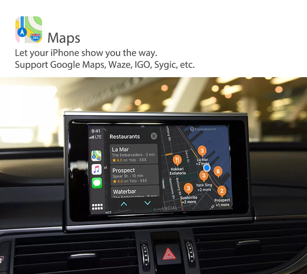 Décodeur Movyro pour rétrofit Apple CarPlay sans fil et Android Auto dans une Audi, connecteur et écran de voiture.