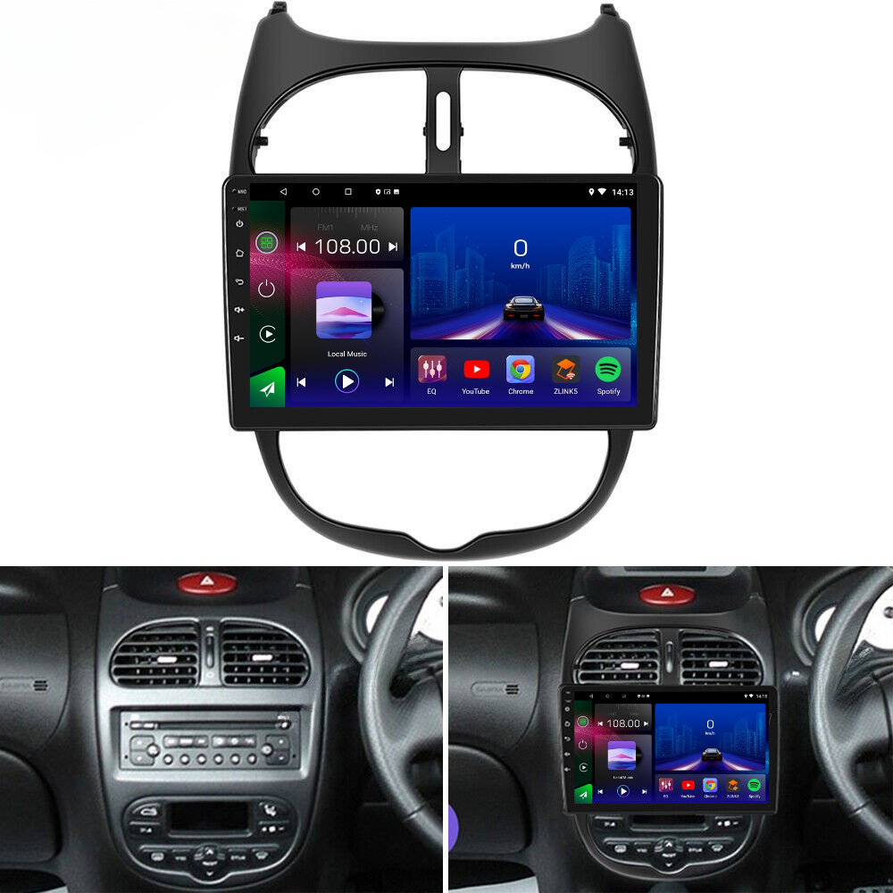 Autoradio Movyro Android 15 pour Peugeot 206 206 CC 1998-2013 avec Apple CarPlay et Android Auto, écran tactile.