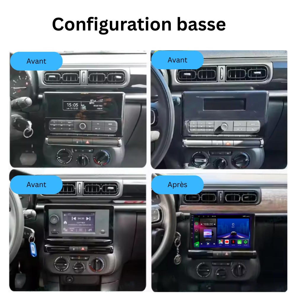 Movyro Android 15 autoradio for Citroen C3 and C3 Aircross (2017-2023) with Apple CarPlay and Android Auto connectivity.