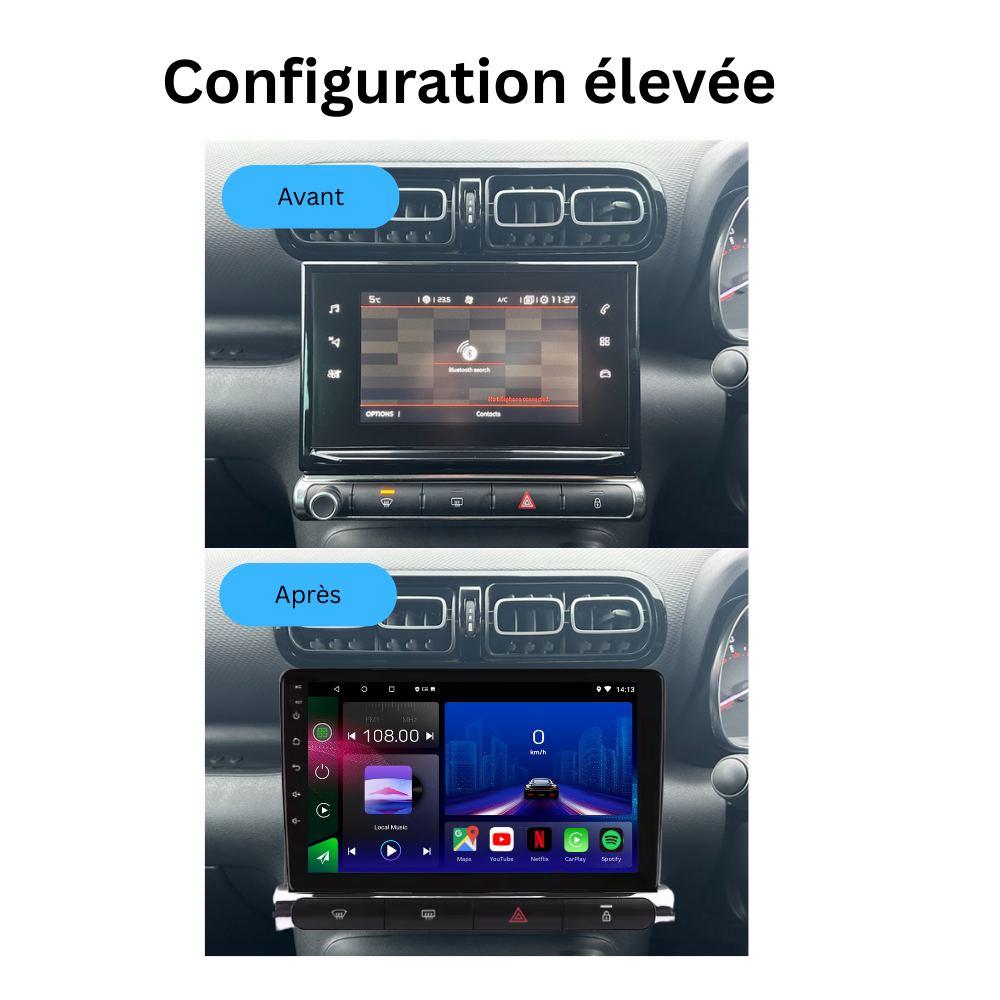 Movyro Android 15 autoradio for Citroen C3 and C3 Aircross (2017-2023) with Apple CarPlay and Android Auto interface.
