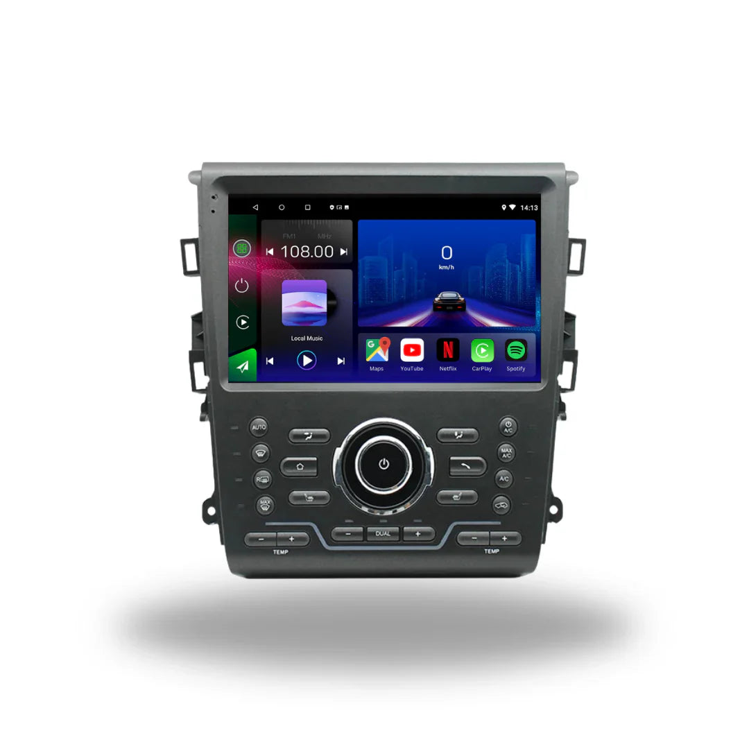 Autoradio Movyro Ford Fusion Mondeo MK5 2013-2018 avec écran Android 15, Apple CarPlay et Android Auto, affichage clair.