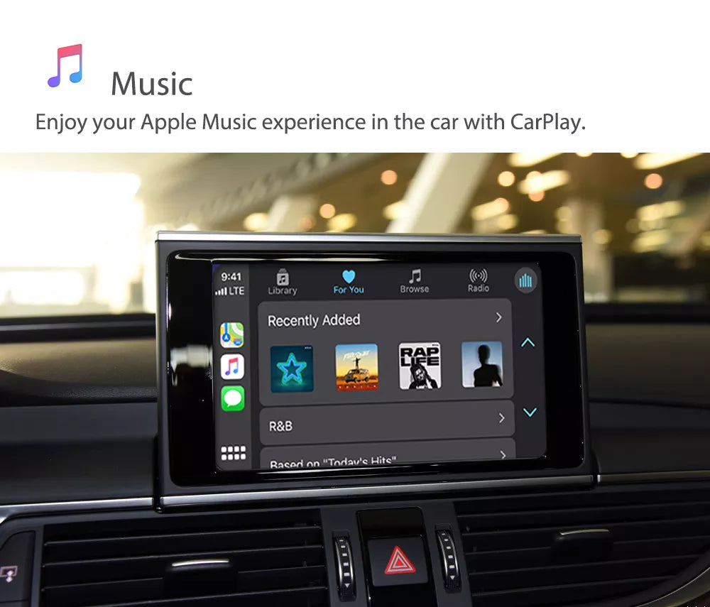 Décodeur Movyro pour retrofit Apple CarPlay sans fil et Android Auto dans une Audi, interface moderne pour véhicule.